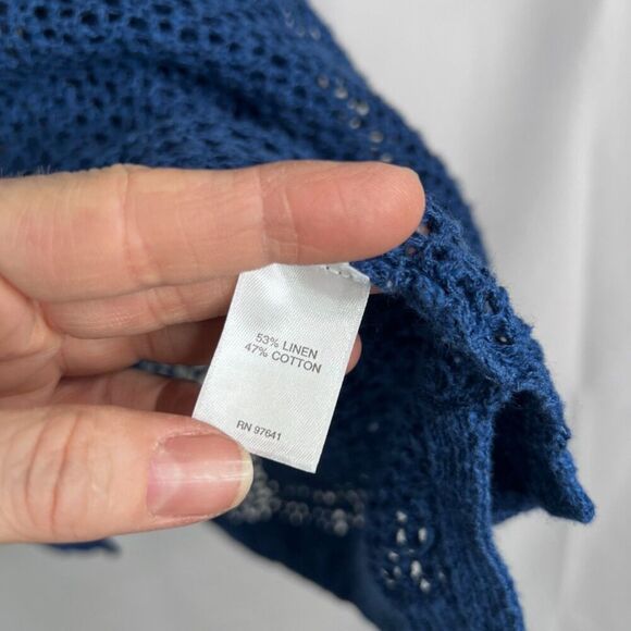J Jill Blue Linen Blend Open Weave Knit Pullover Drop Sleeve Tunic Top Sz Large - Picture 10 of 11